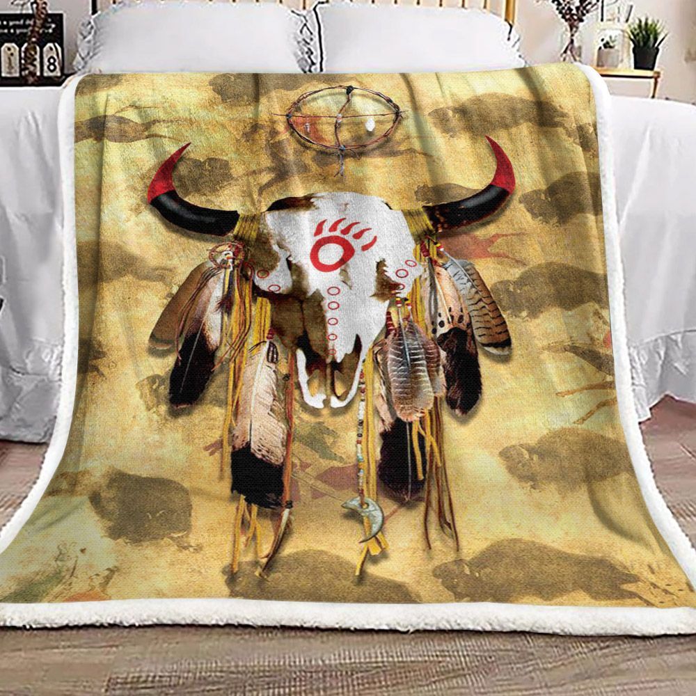 Native American Buffalo Skull Sherpa Fleece Blanket