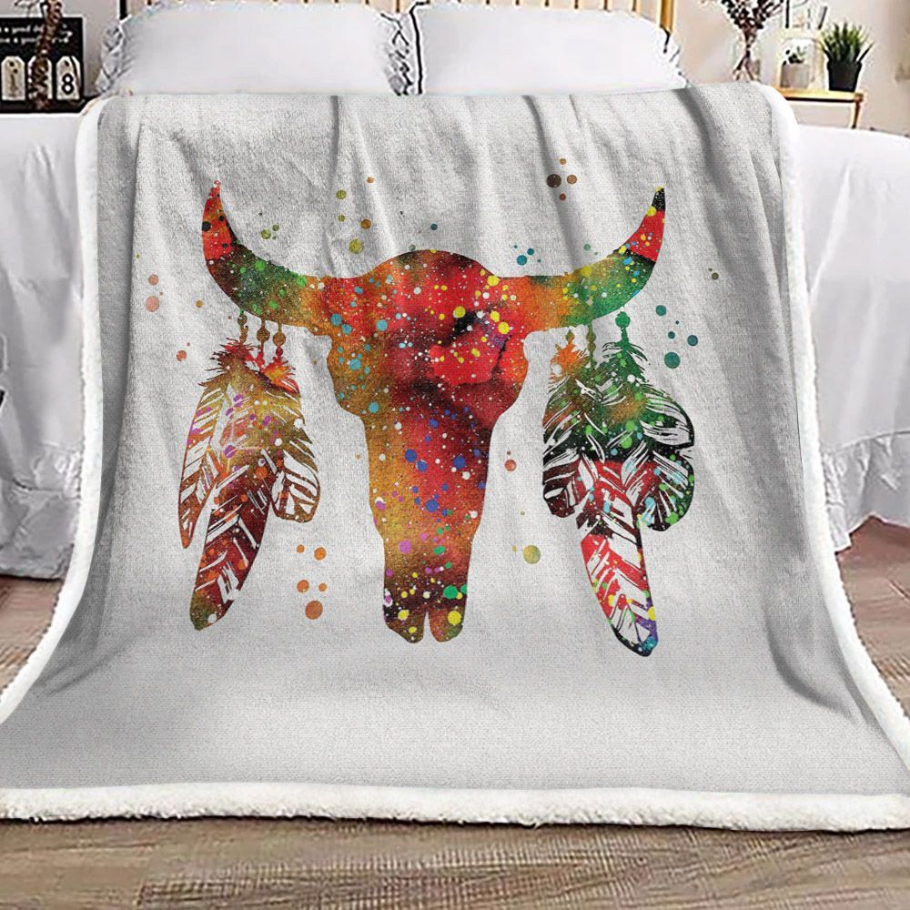 Native American Buffalo Skull Sherpa Fleece Blanket