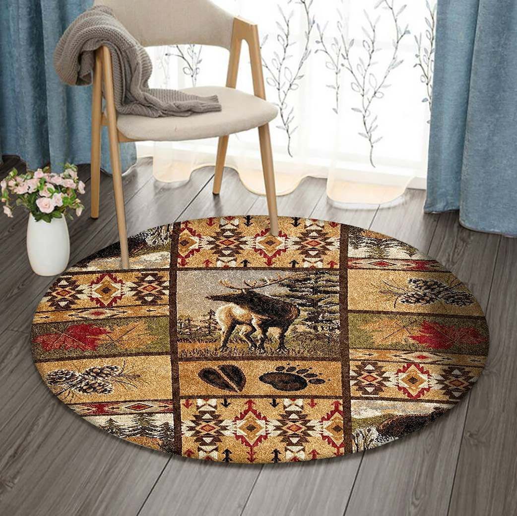 Native American Deer And Bear Round Carpet