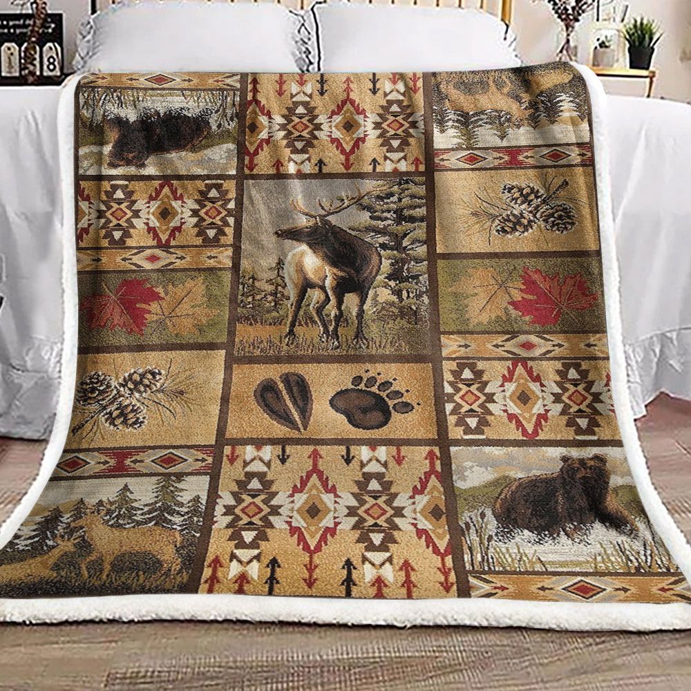 Native American Deer And Bear Sherpa Fleece Blanket