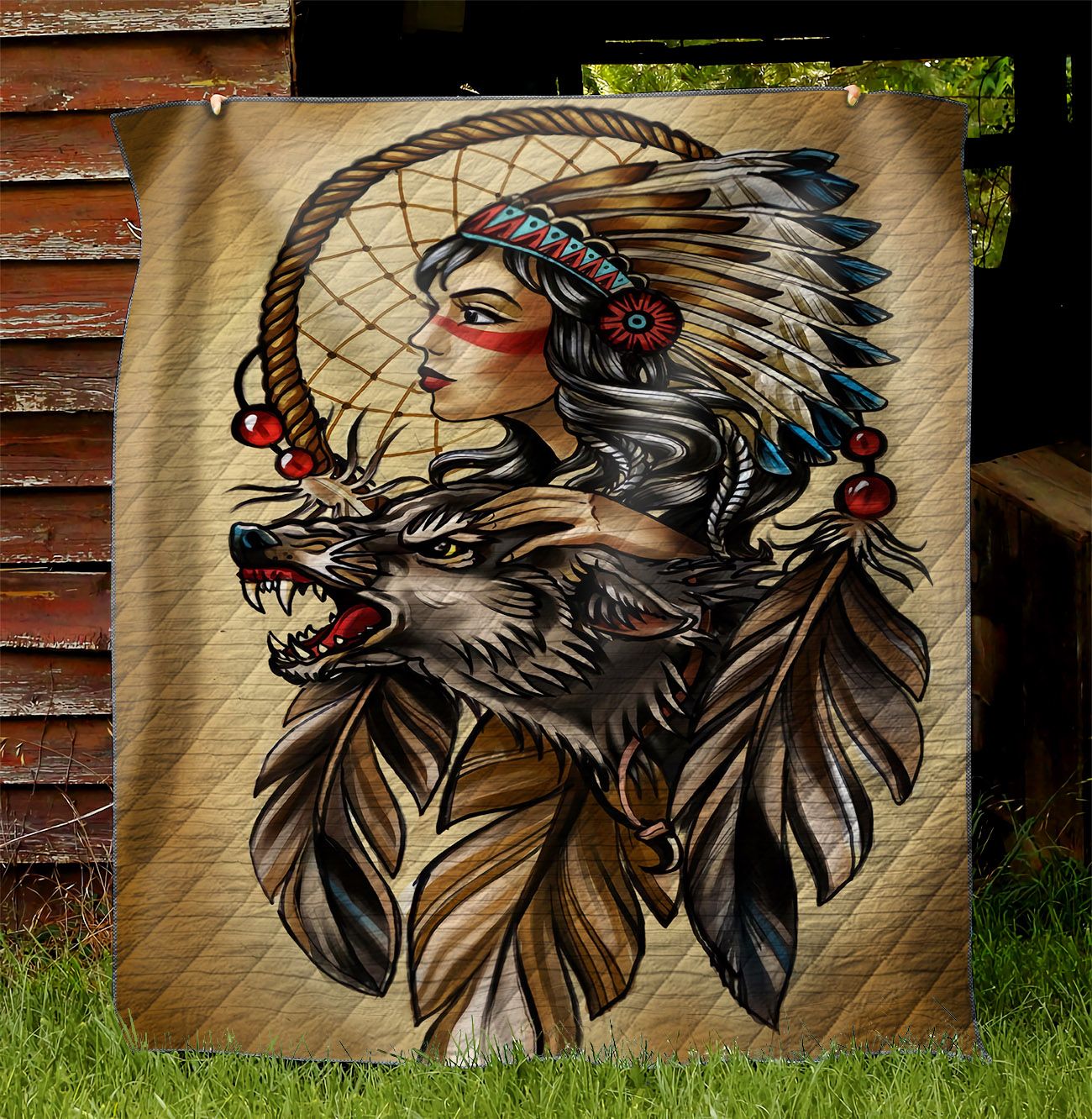 Native American Girl And Wolf NI1210094DT Quilt Blanket