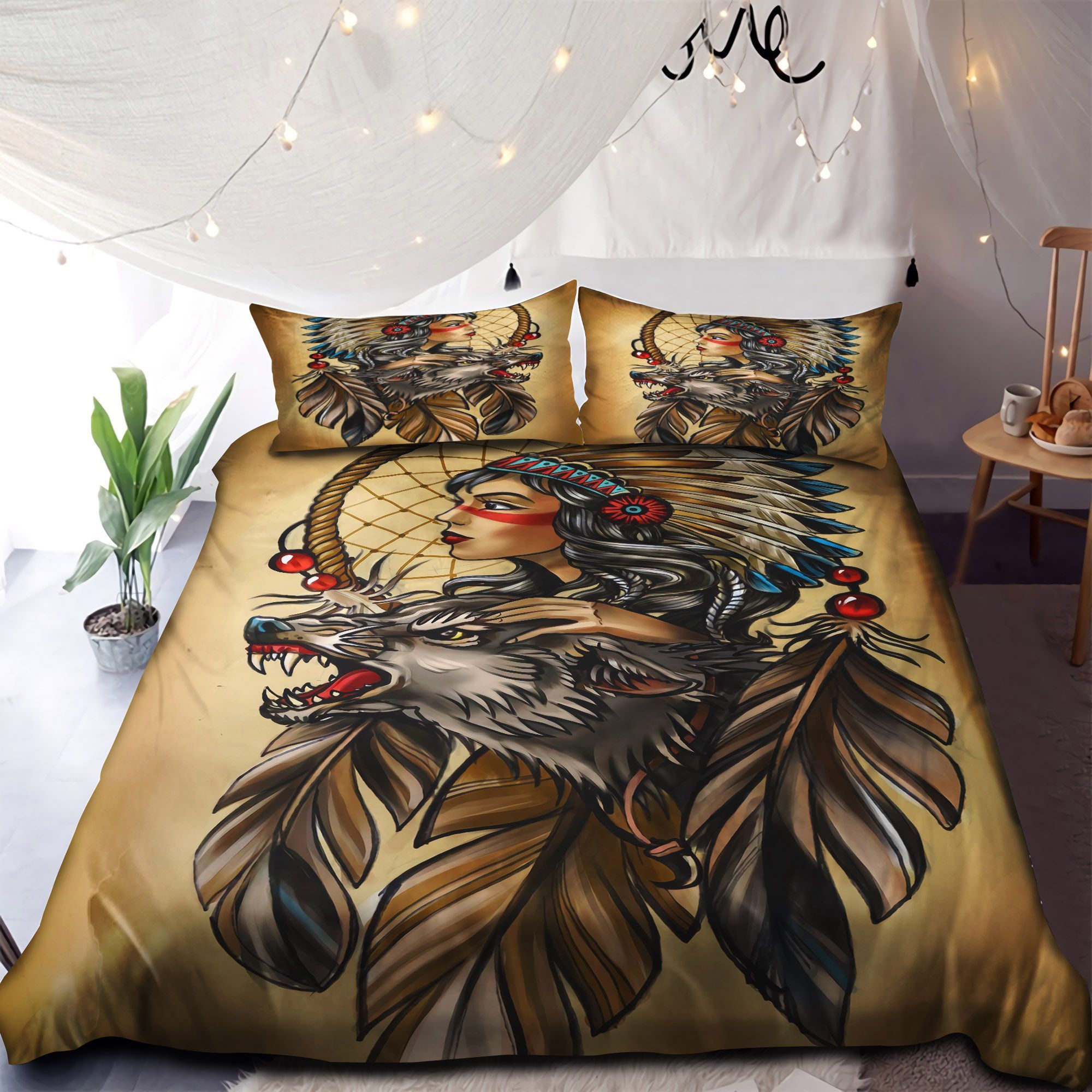 Native American Girl And Wolf Bedding Set