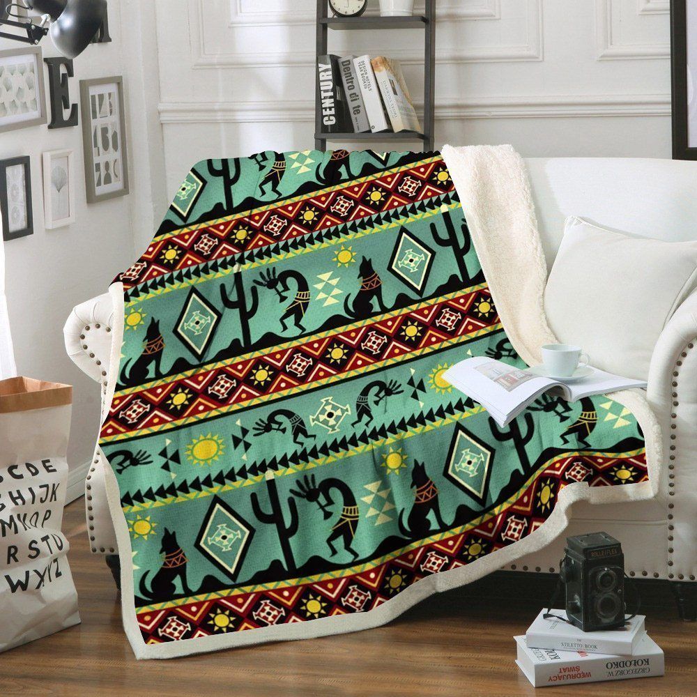 Native American Green Kokopelli Sherpa Fleece Blanket