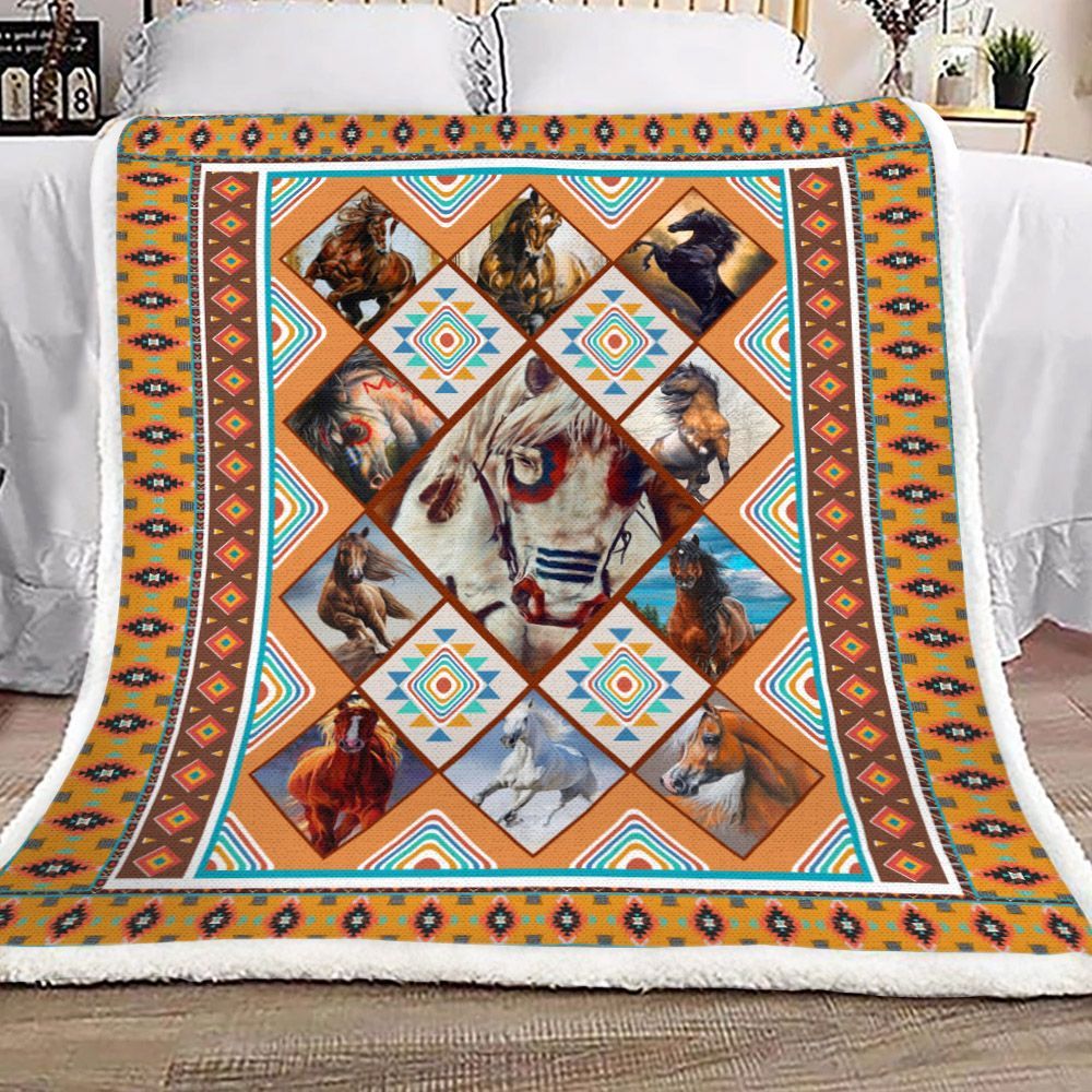 Native American Horse Sherpa Fleece Blanket