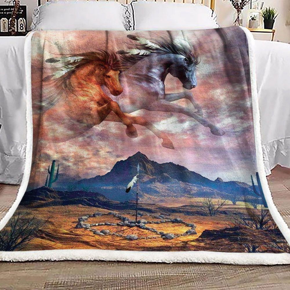 Native American Horse Sherpa Fleece Blanket