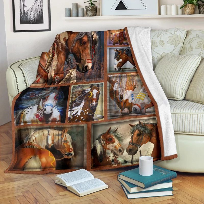 Native American Horse Sherpa Fleece Blanket