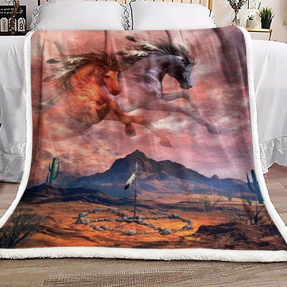 Native American Horse Sherpa Fleece Blanket