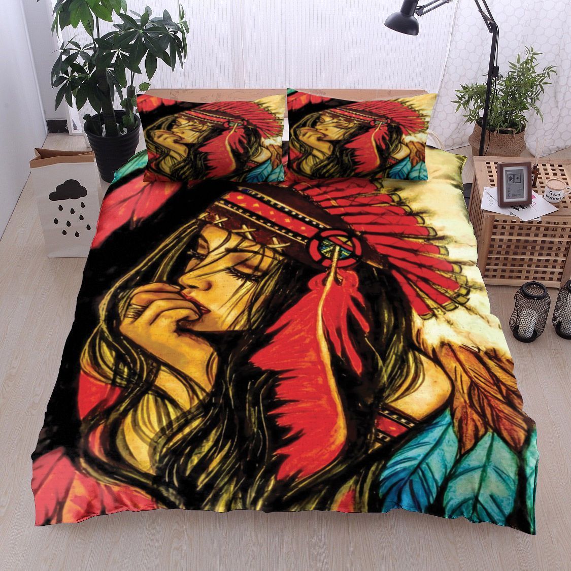 Native American Indian Woman Feather Bedding Set