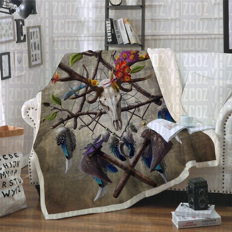 Native American Skull Brown Sherpa Fleece Blanket