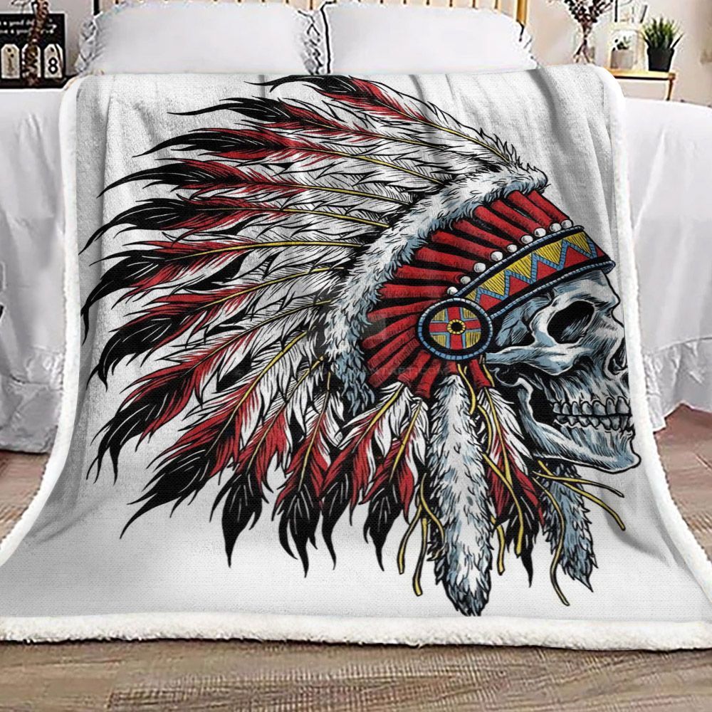 Native American Skull Sherpa Fleece Blanket