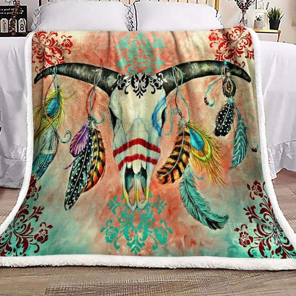 Native American Skull Sherpa Fleece Blanket