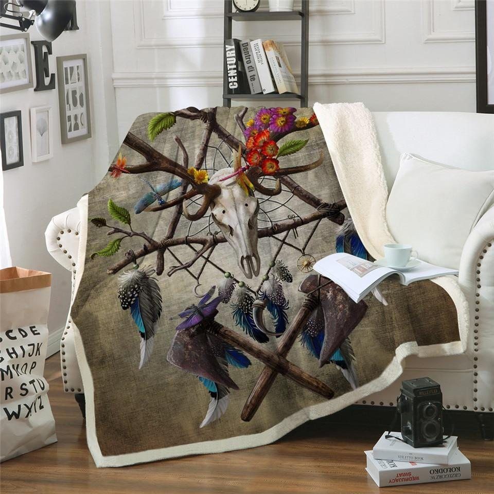 Native American Skull Sherpa Fleece Blanket