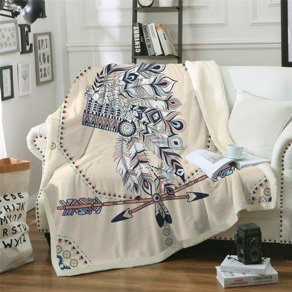 Native American Tribal Feather Sherpa Fleece Blanket