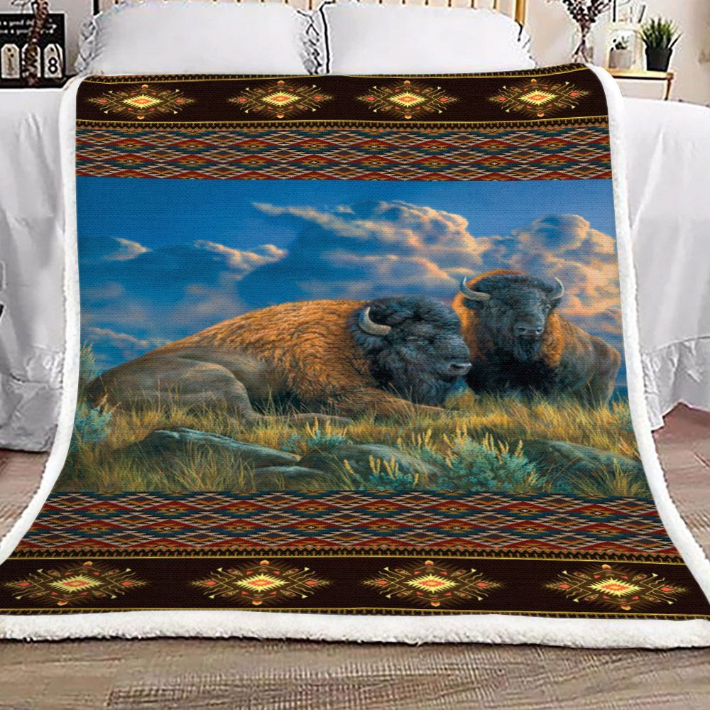 Native American Two Bisons Sherpa Fleece Blanket