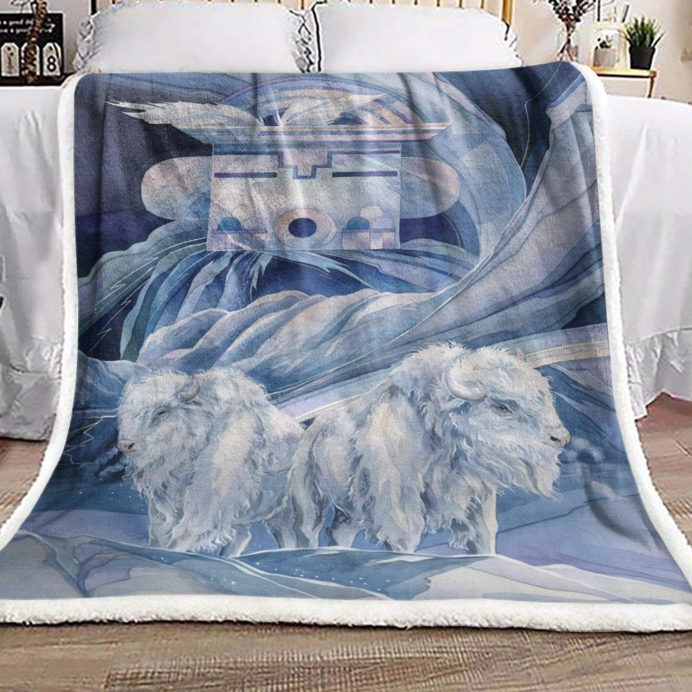 Native American White Bichon Sherpa Fleece Blanket