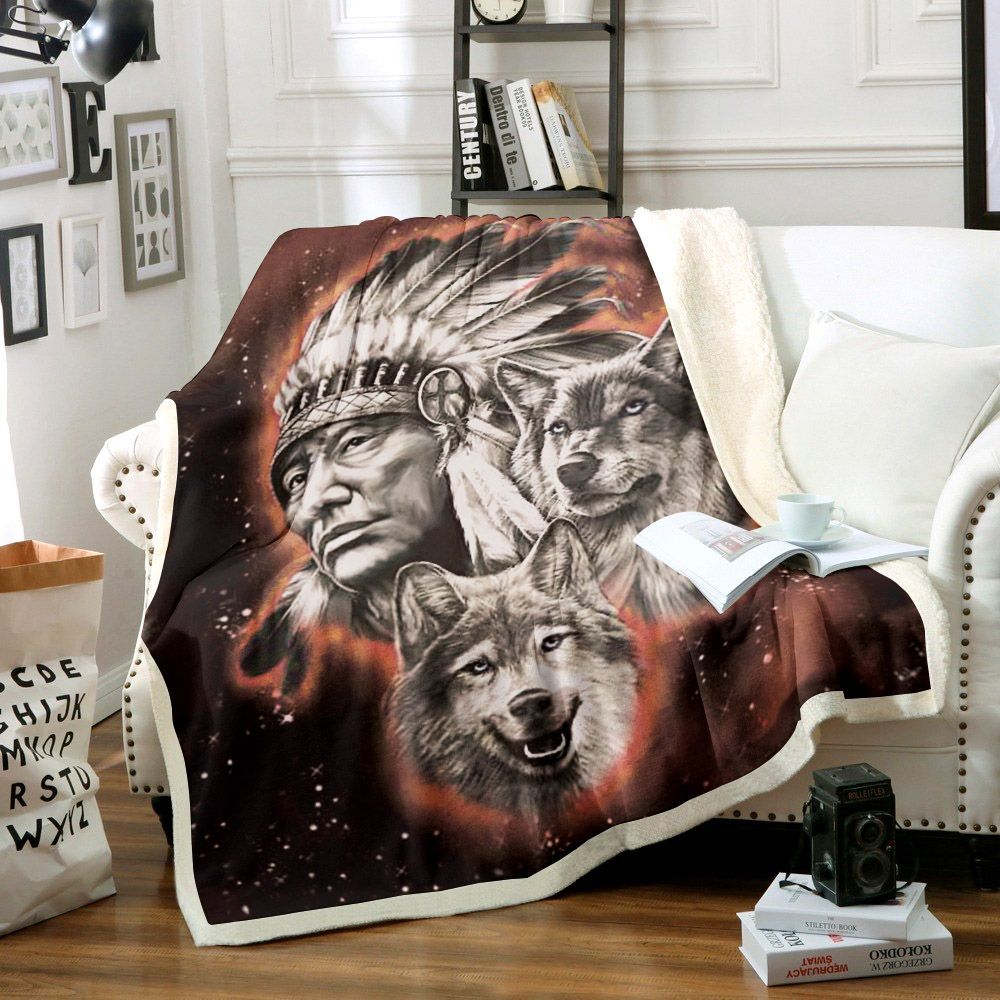 Native American With Wolves Sherpa Fleece Blanket