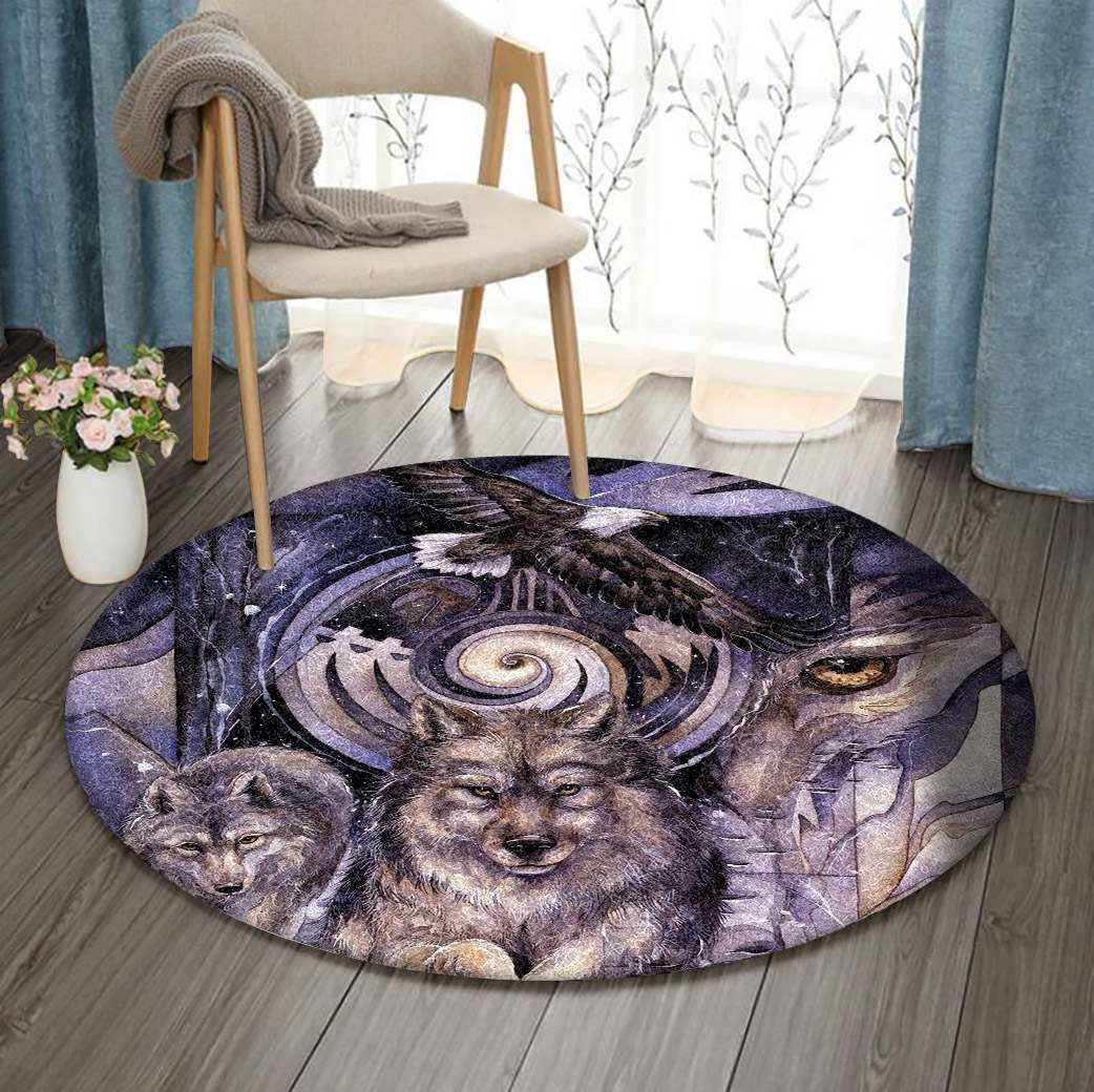 Native American Wolf And Eagle Round Carpet
