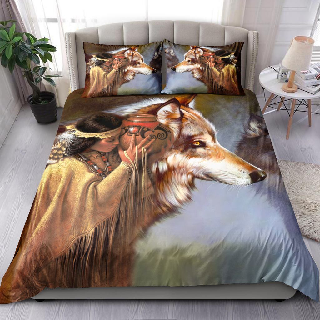 Native American Wolf And Girl Bedding Set