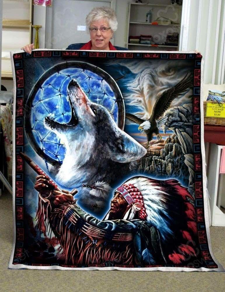 Native American Wolf Eagle Sherpa Fleece Blanket