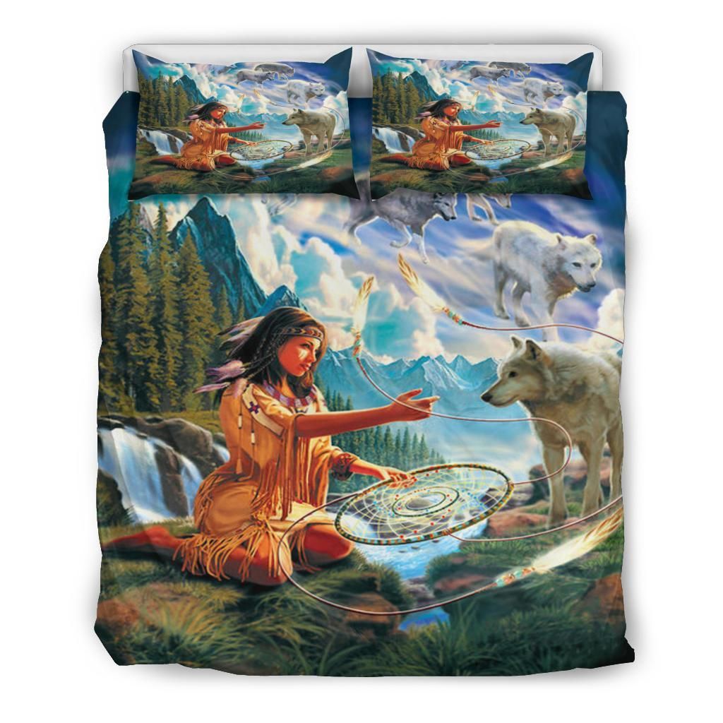 Native American Wolf Girl Bedding Set