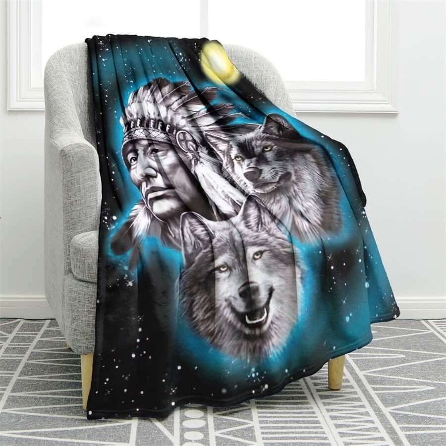 Native American Wolf Polar Sherpa Fleece Blanket