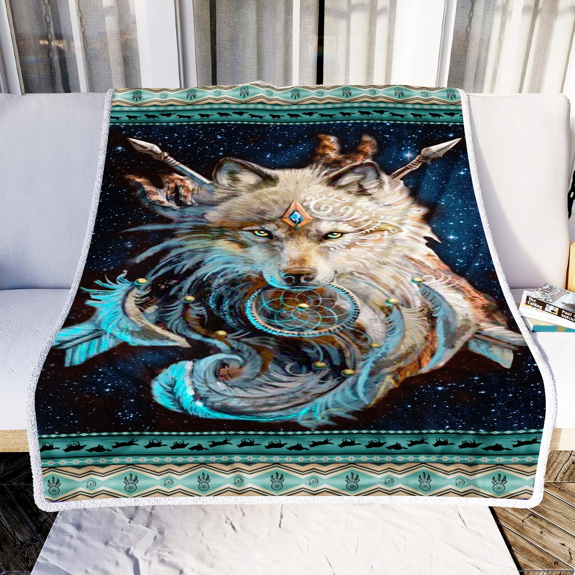 Native American Wolf Warrior Dreamcatcher Sherpa Fleece Blanket