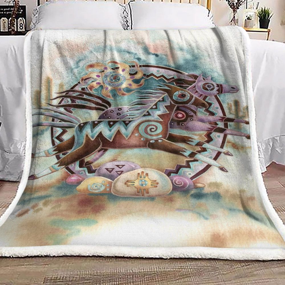 Native American Wooden Horse Sherpa Fleece Blanket