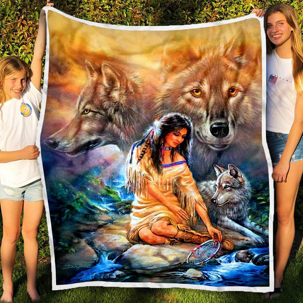 Native Americans And Wolves Sherpa Fleece Blanket