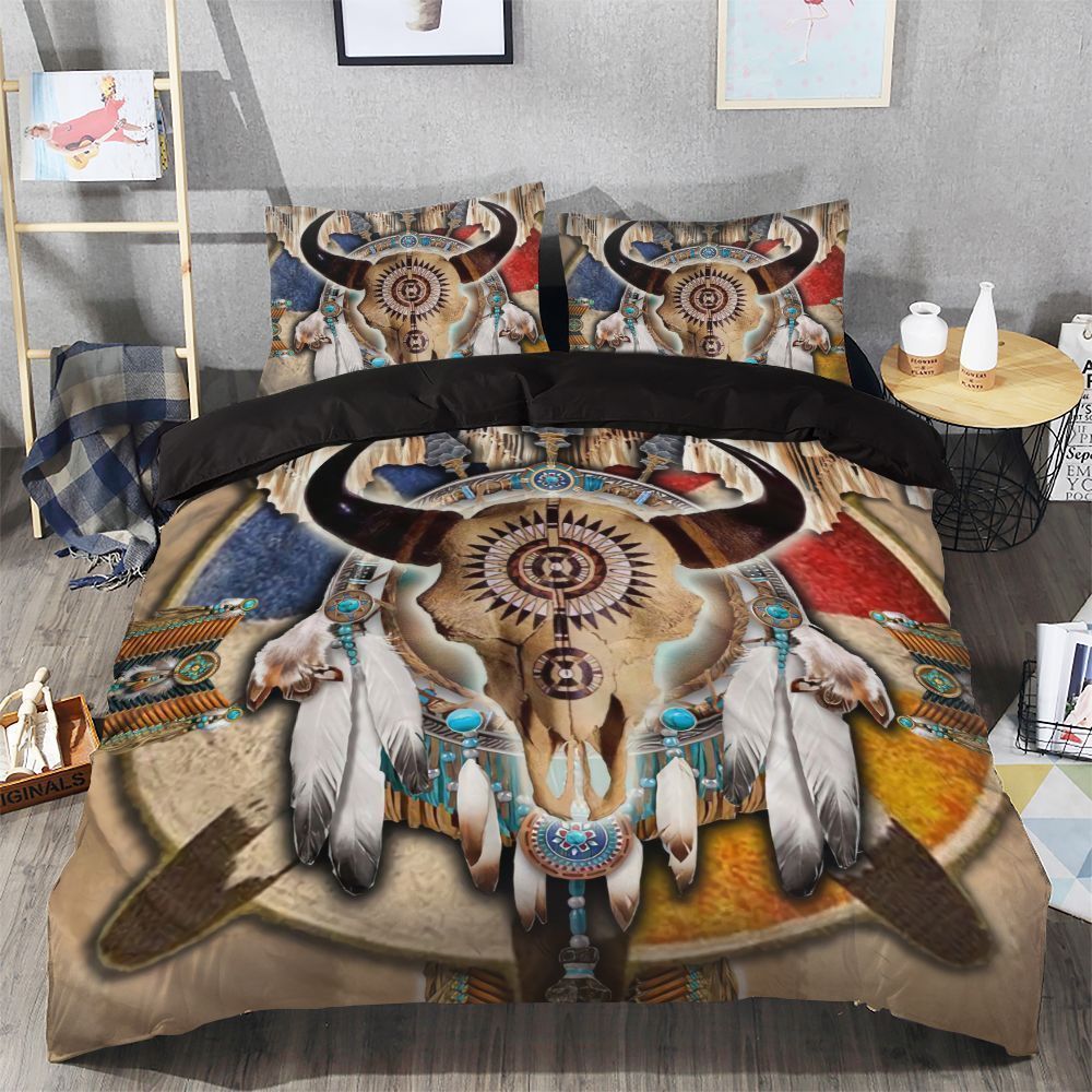 Native Bison Skull And Feather Bedding Set