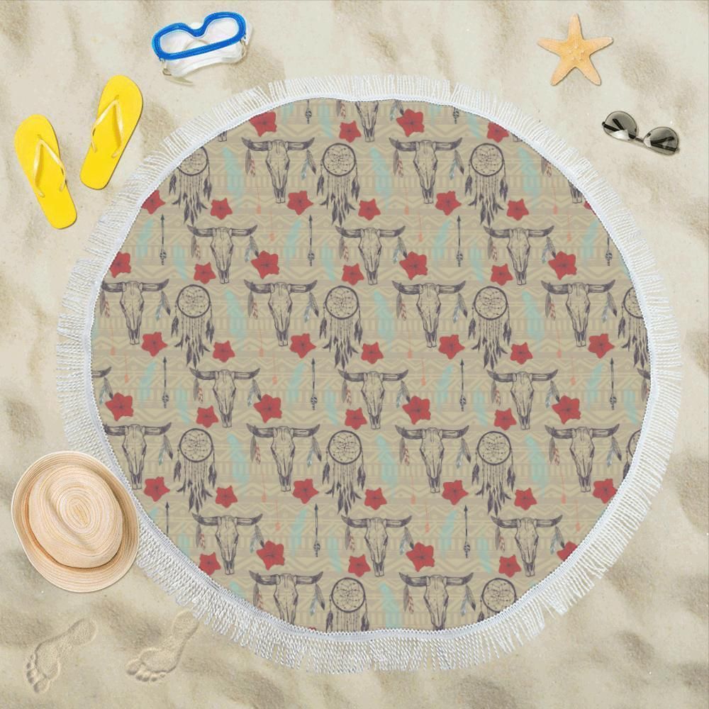 Native Buffalo Head Themed Design Print Round Beach Towel