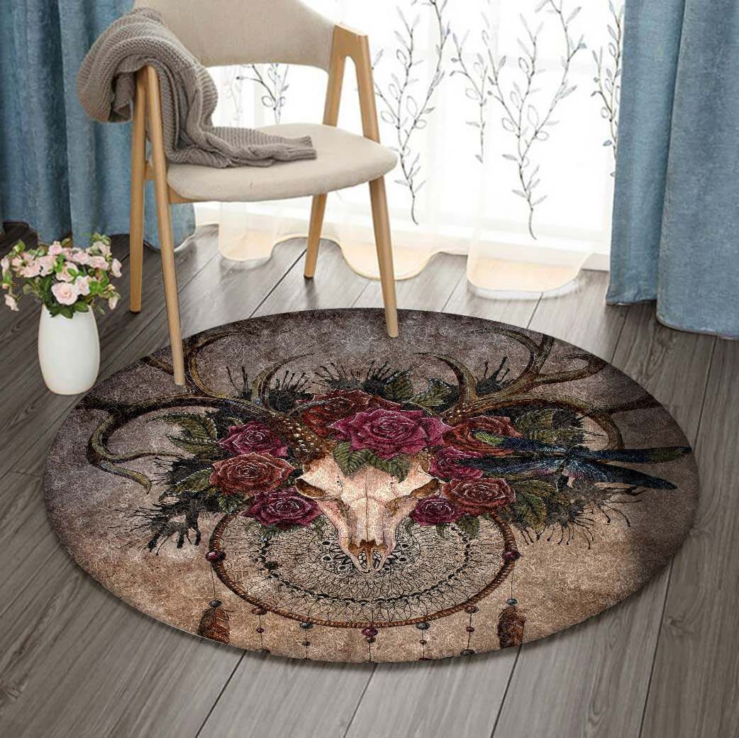Native Buffalo Skull Dreamcatcher And Rose Round Carpet