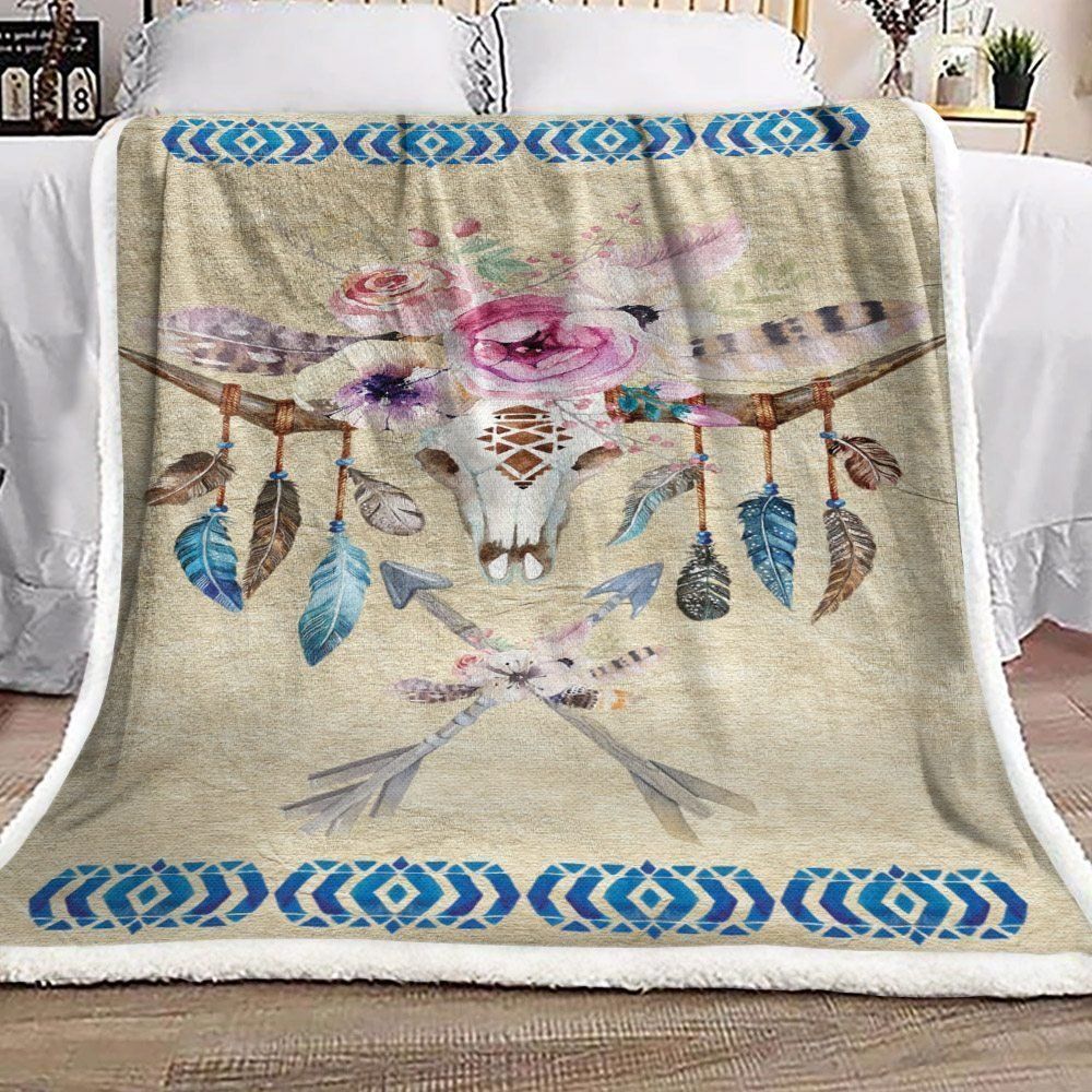 Native Buffalo Skull Sherpa Fleece Blanket