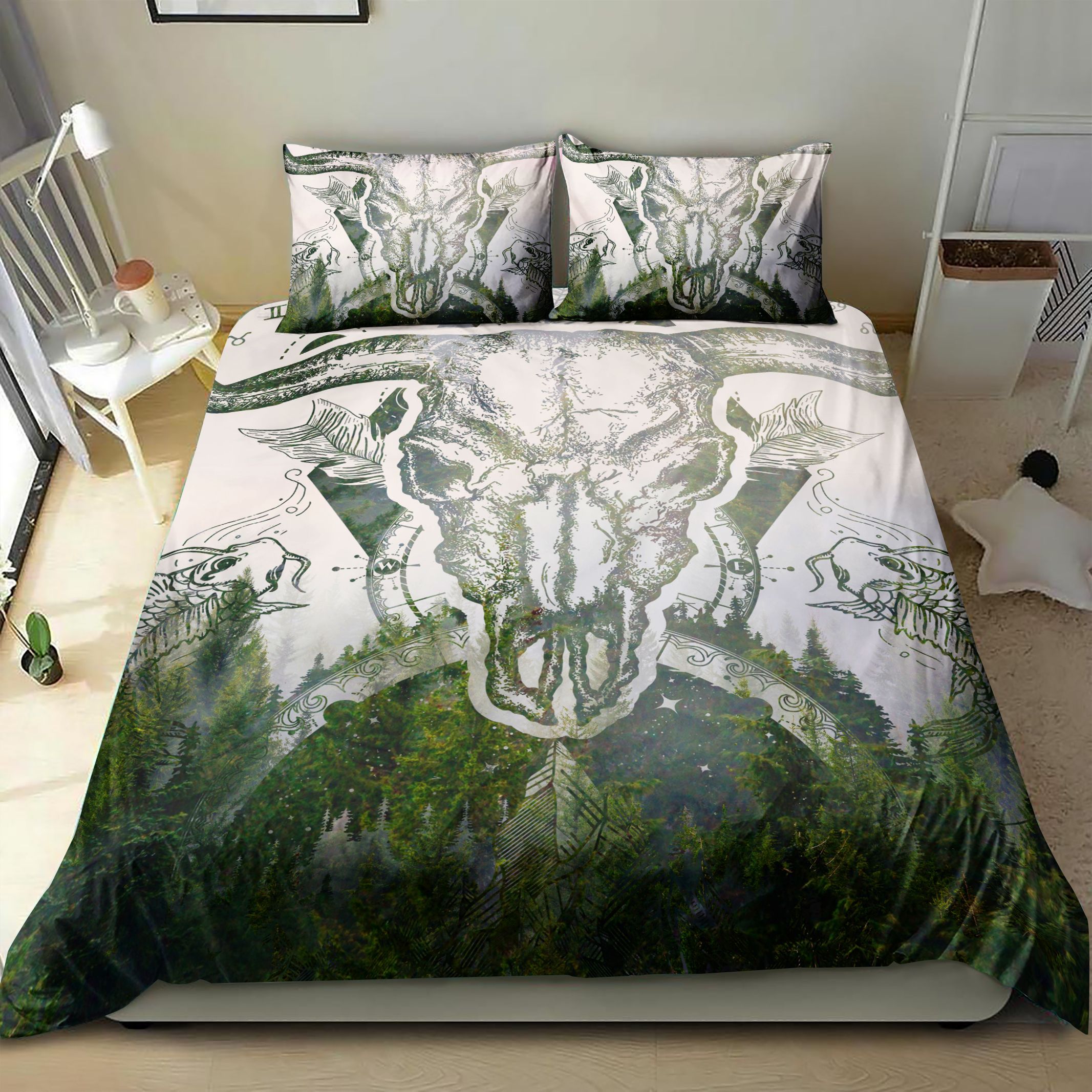 Native Buffalo Skull Pine Forest Bedding Set