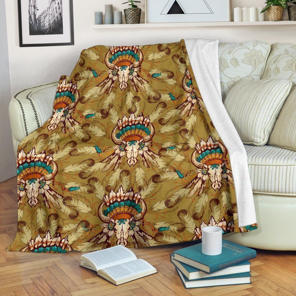 Native Indian Buffalo Head Pattern Printed Fleece Blanket