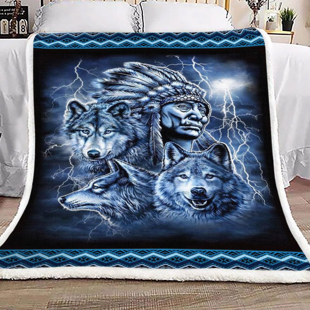 Native Indian Chief And Animals Sherpa Fleece Blanket