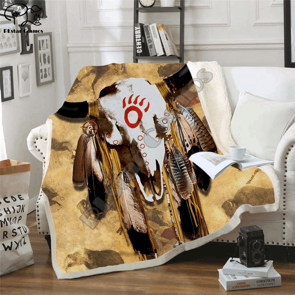 Native Indian Lakota Skull Buffalo Sherpa Fleece Blanket