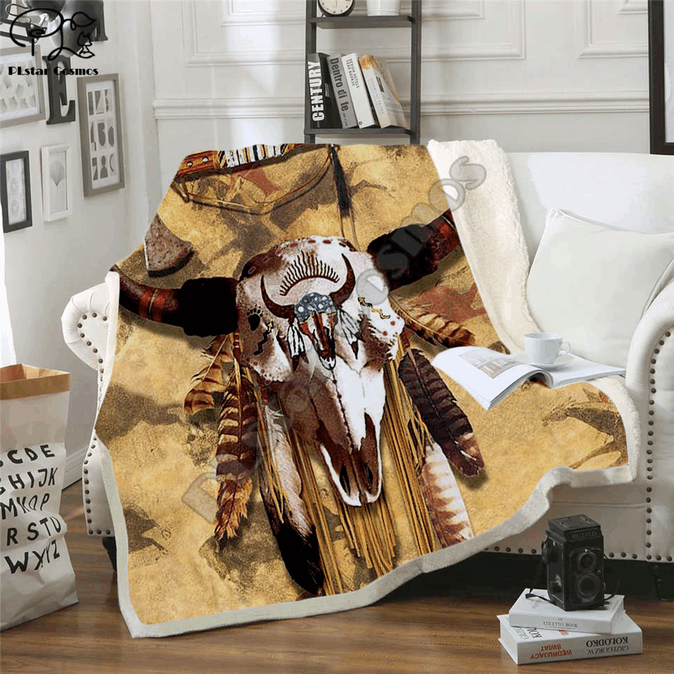 Native Indian Lakota Skull Buffalo Sherpa Fleece Blanket