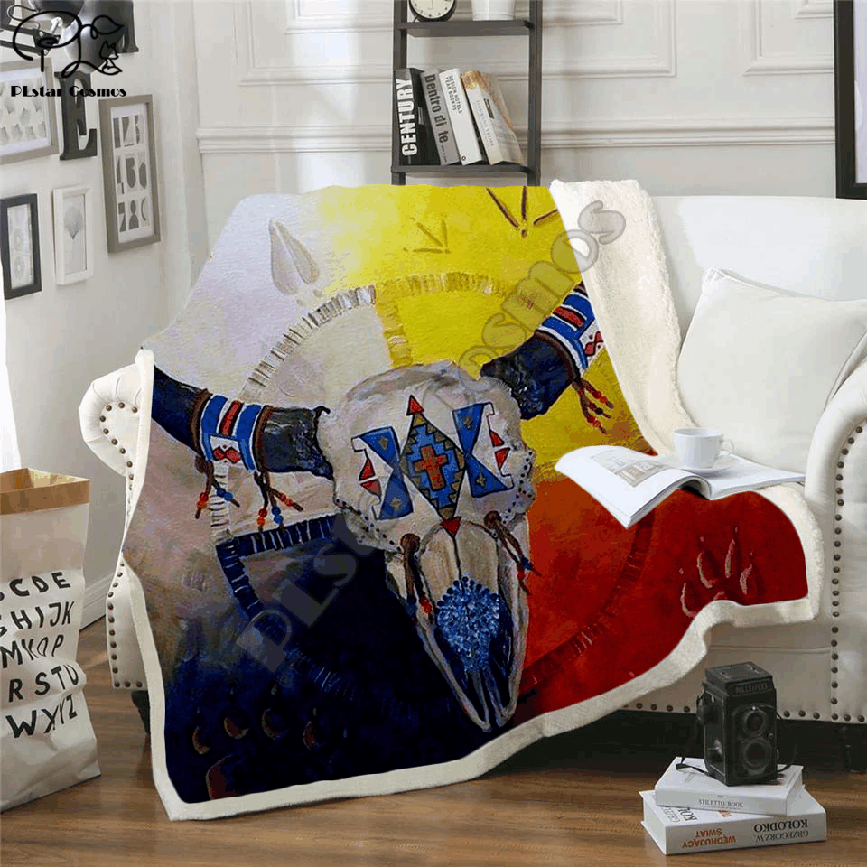 Native Indian Lakota Skull Buffalo Sherpa Fleece Blanket