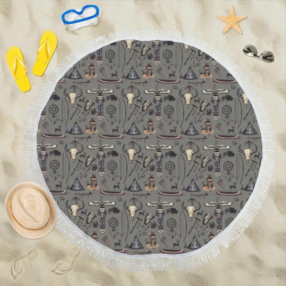 Native Indian Life Design Pattern Printed Round Beach Towel