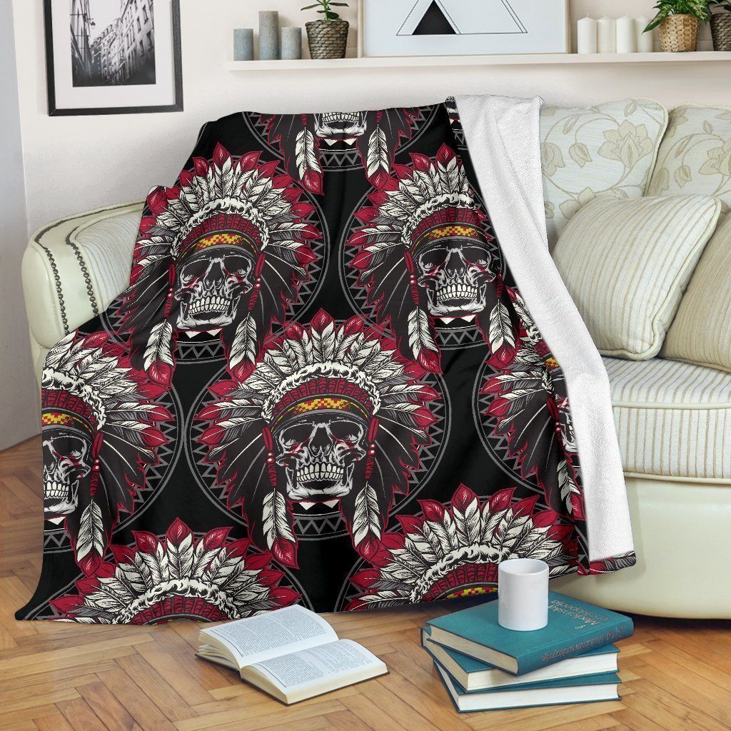 Native Indian Skull Black Fleece Blanket