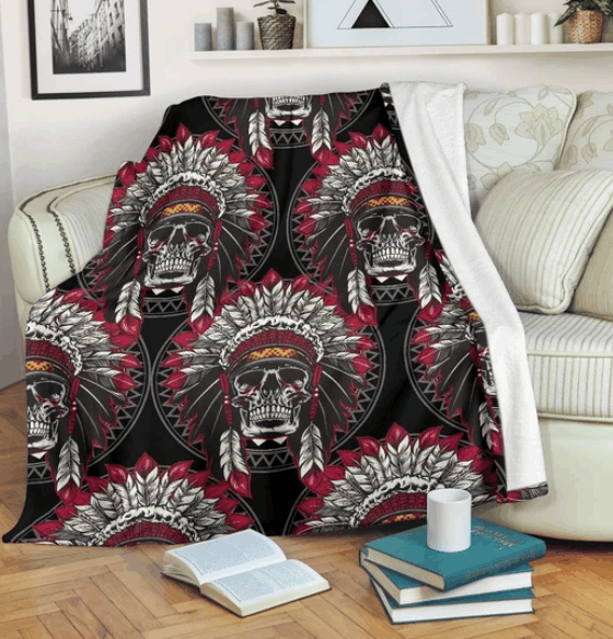 Native Indian Skull Sherpa Fleece Blanket