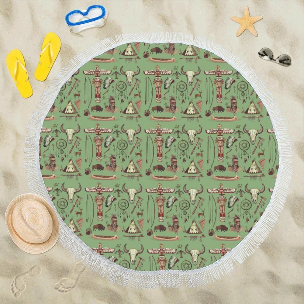 Native Indian Themed Design Print Round Beach Towel