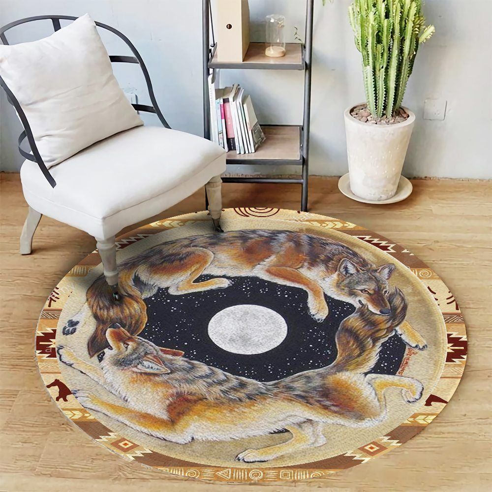 Native Moon And Wolf Round Carpet