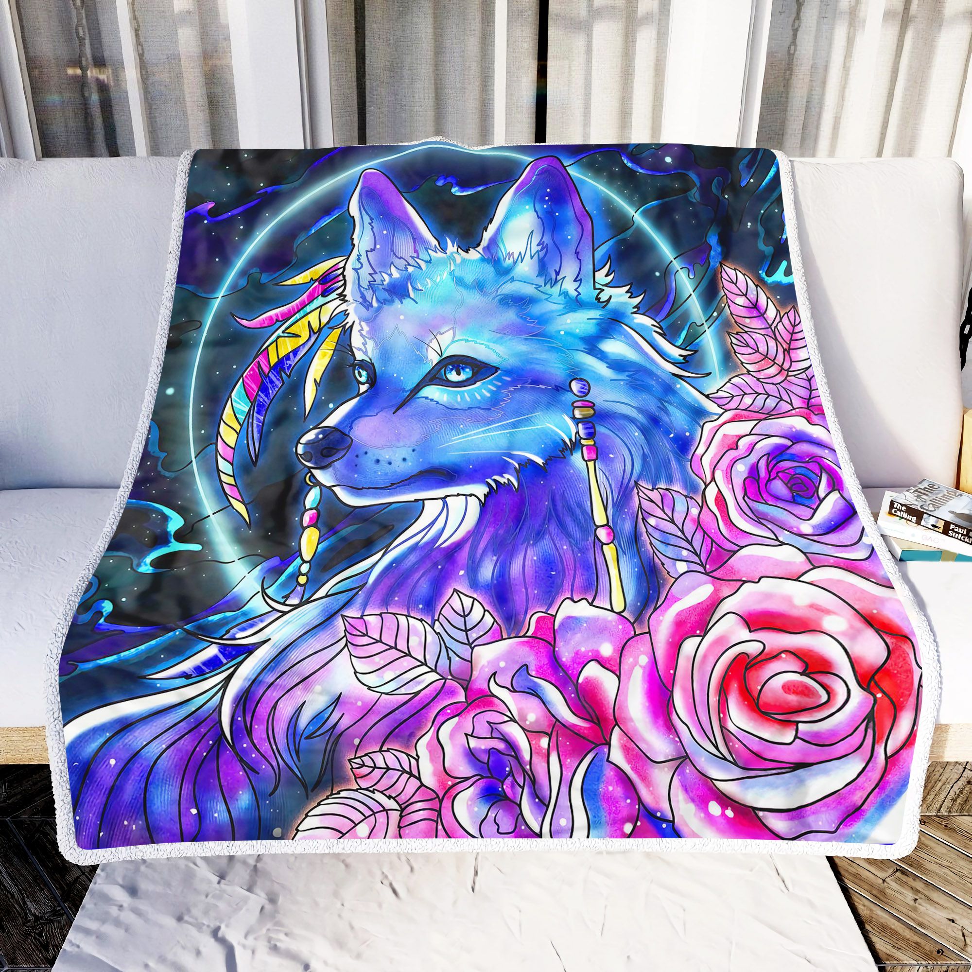 Native Wolf With Flowers Fleece Blanket