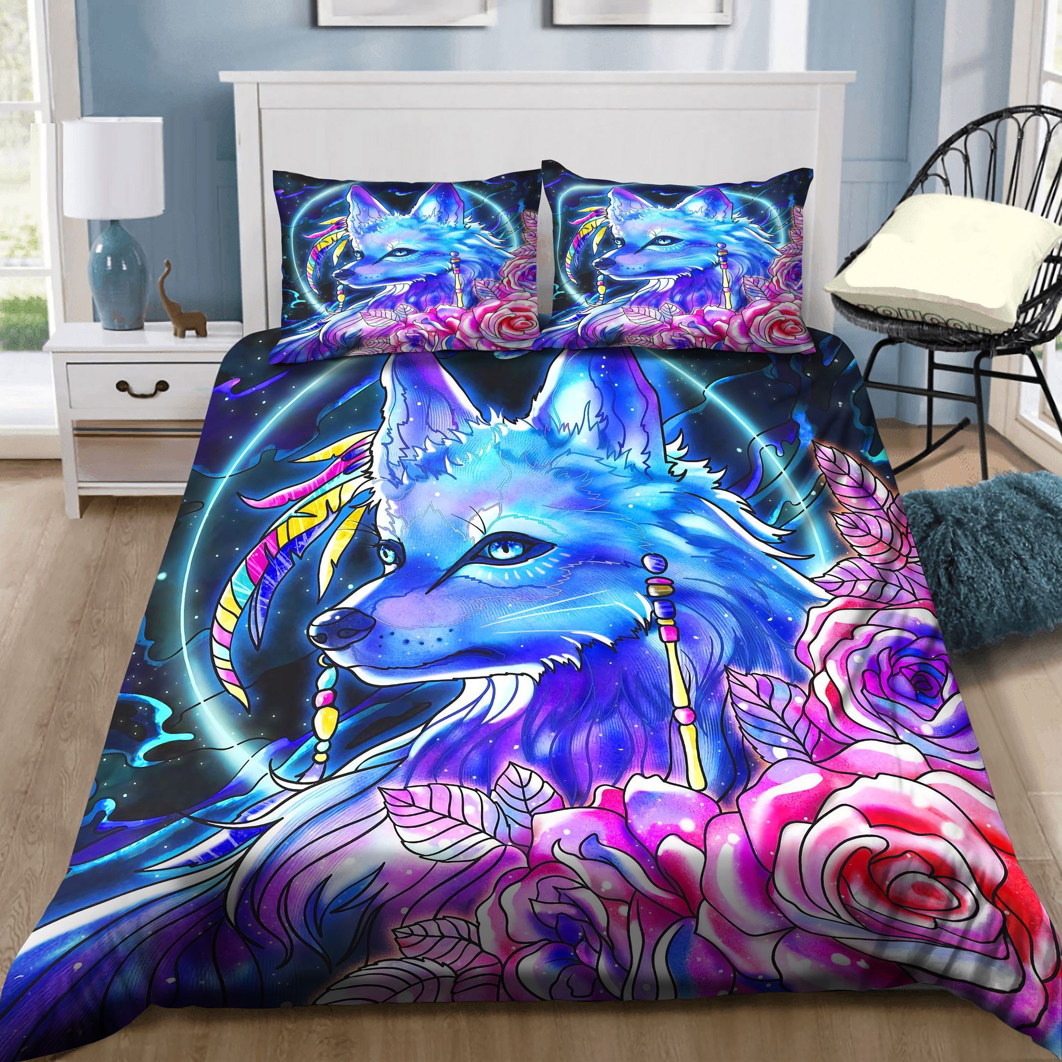 Native Wolf With Flowers Bedding Set