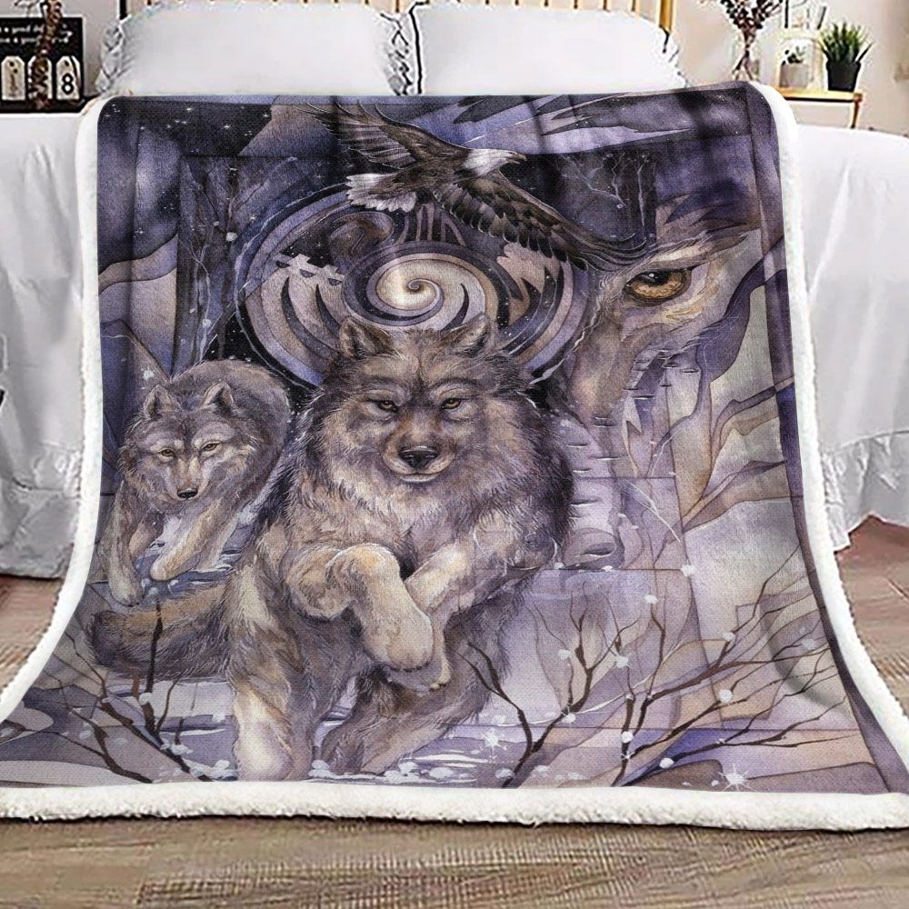 Natuve American Wolf And Eagle Sherpa Fleece Blanket