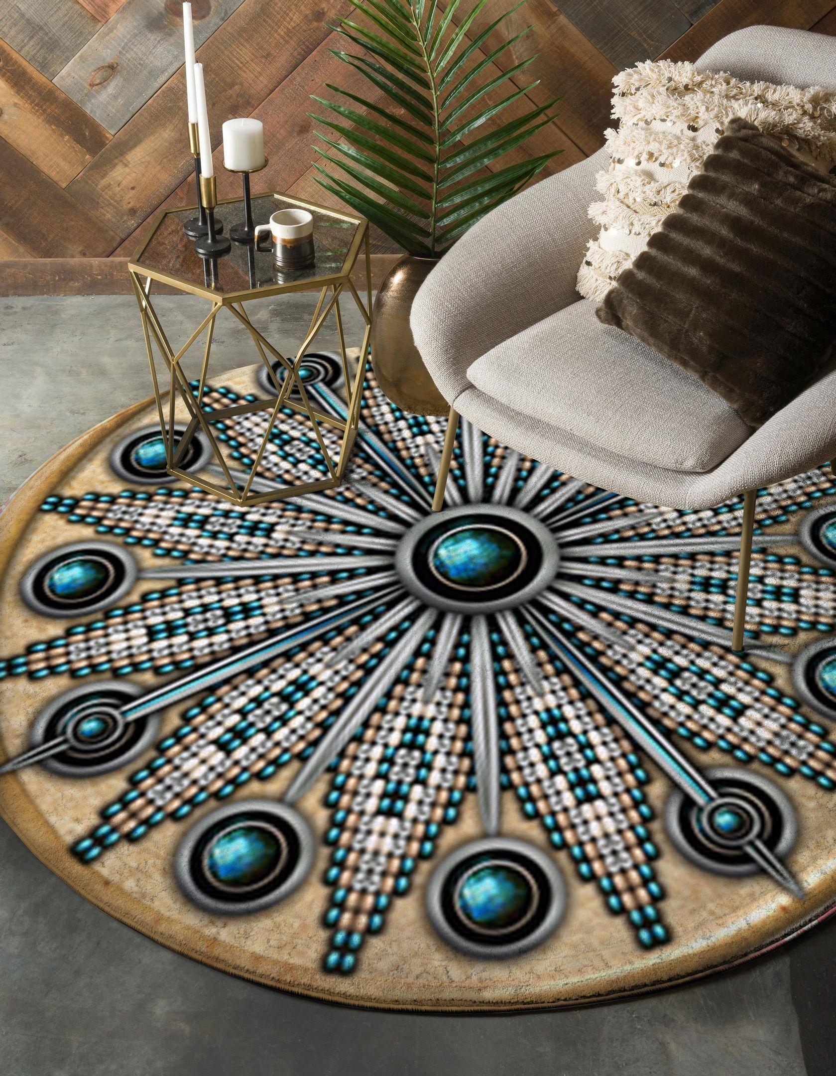 Naumaddic Arts White Native American Round Carpet