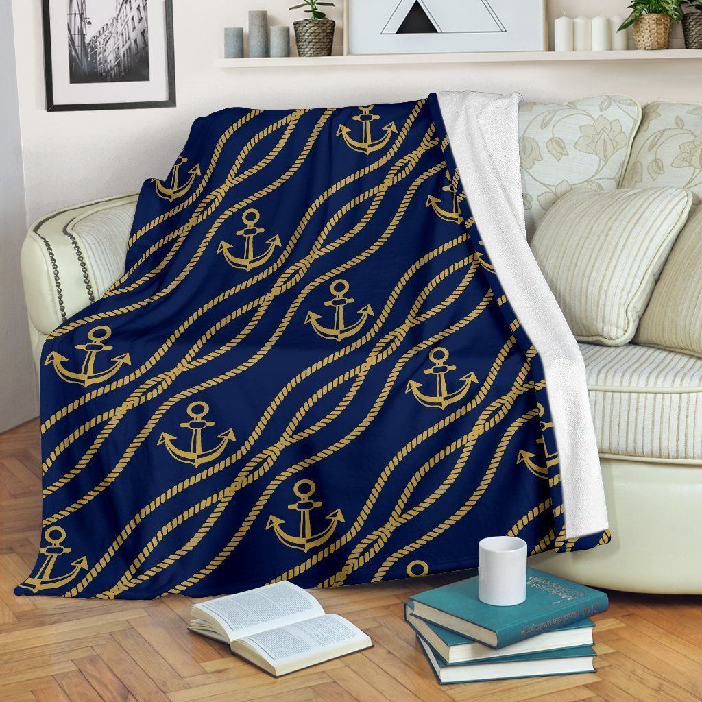 Nautical Anchor Rope Pattern Dark Blue Fleece Blanket