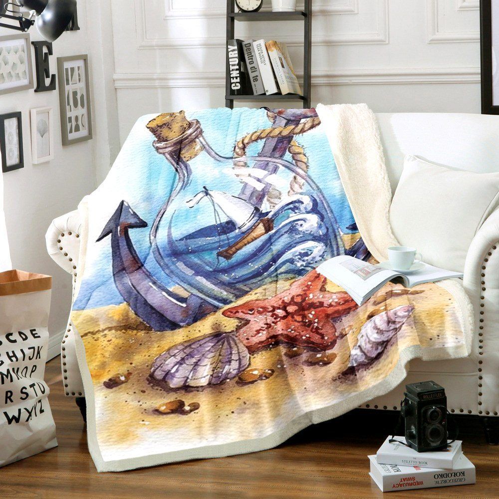 Nautical Anchor Starfish Sailboat In On The Beach Sherpa Fleece Blanket