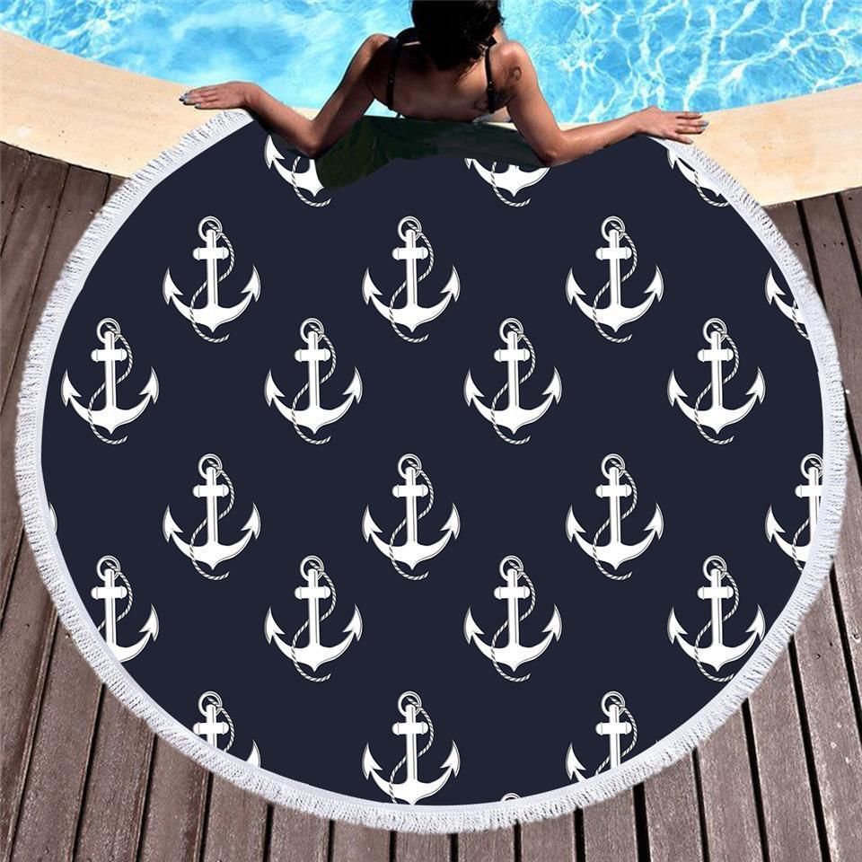 Nautical Passion Dark Blue Printed Round Beach Towel